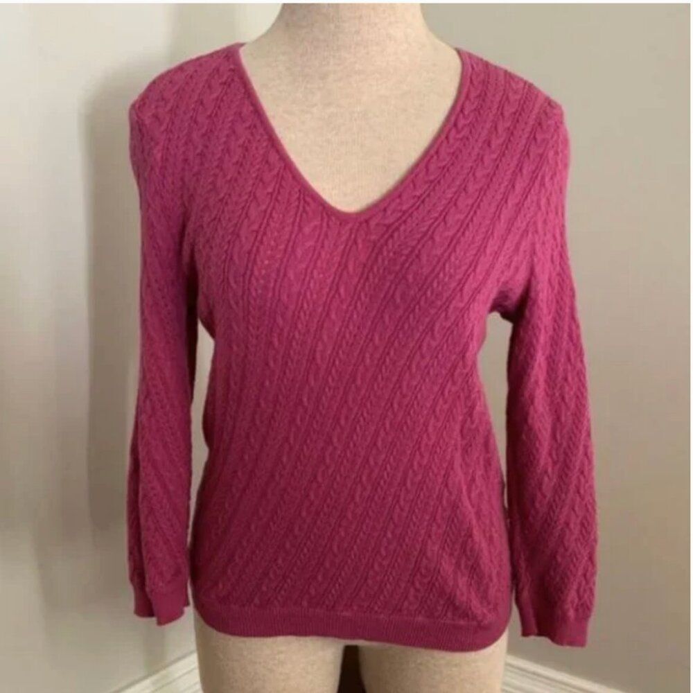 Talbots Fuchsia Long Sleeve V-Neck Cable Knit Sweater Size MP